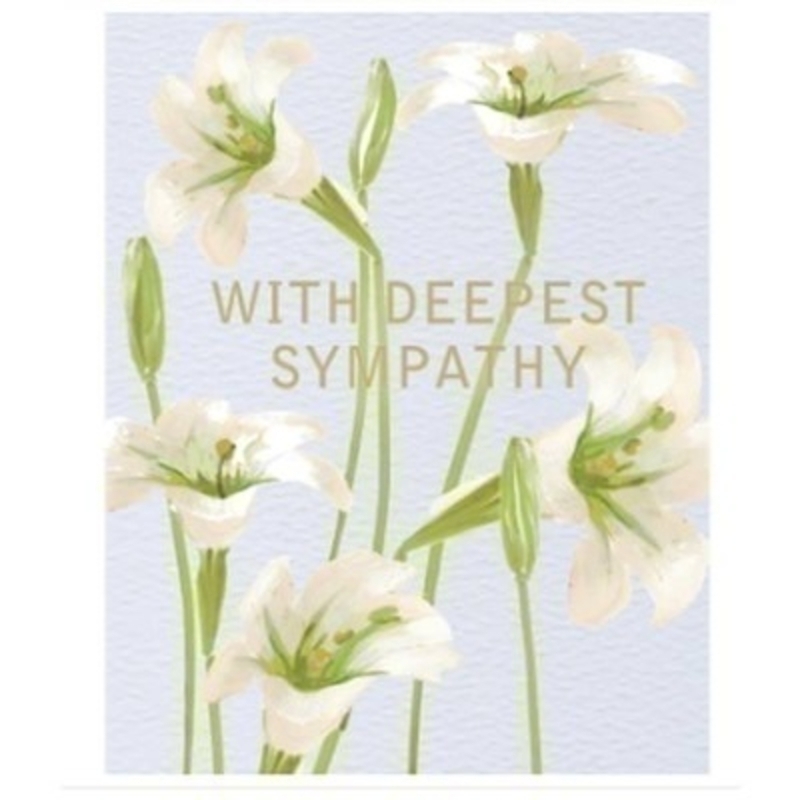 With Deepest Sympathy with white flowers card by Liz and Pip. Card decorated with white flowers. Blank inside for your own message. 120x150mm